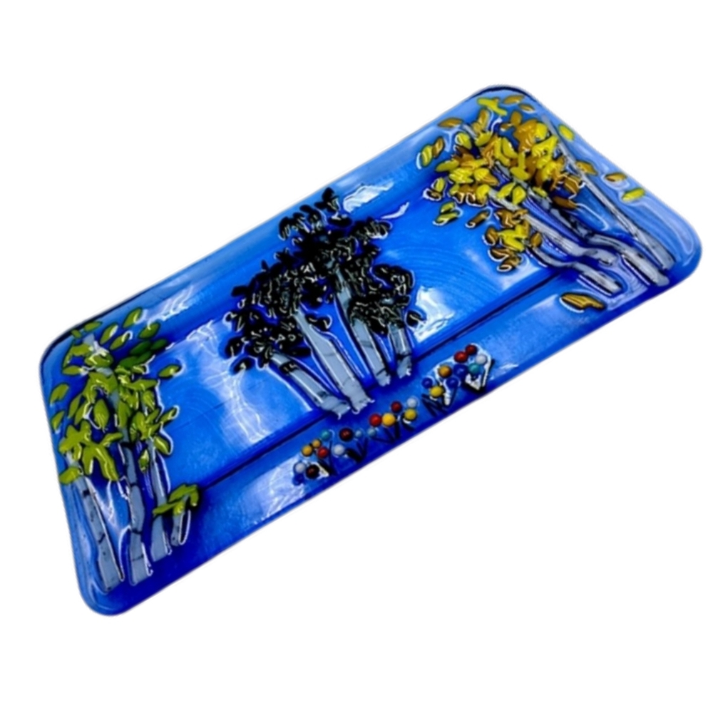 Handmade Blue Art Glass Serving Tray with Tree Design | 12.5" x 6.75" | NWOT